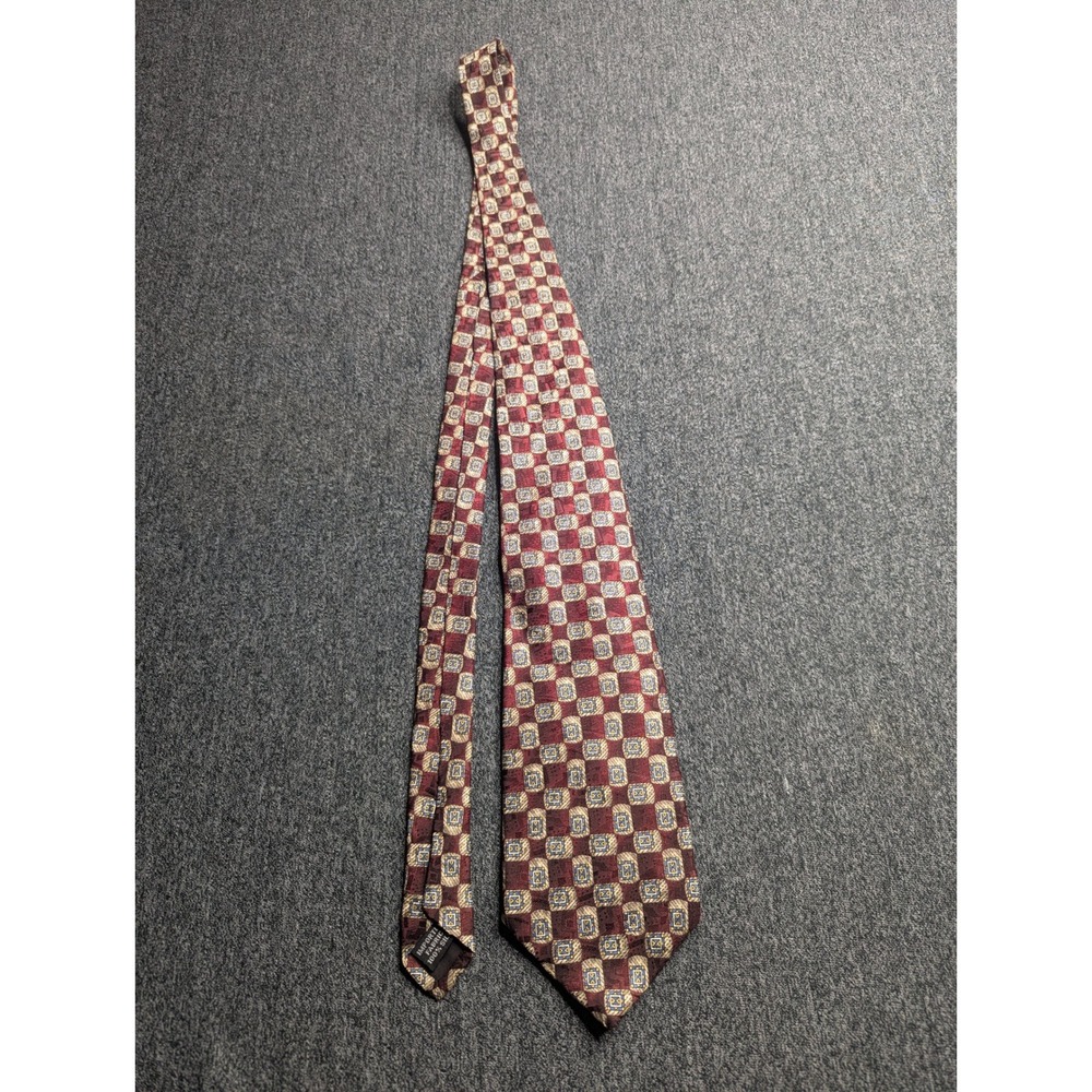 Geoffrey Beene Mens Silk Necktie Burgundy Gold Blue Geometric Medallion Pattern